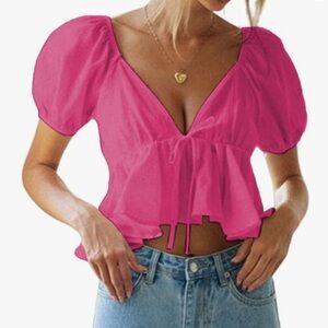 Remidoo Women's Puff Short Sleeve Tie Back